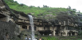 Ellora Caves with waterfall