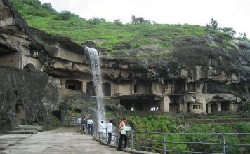 Ellora Caves with waterfall