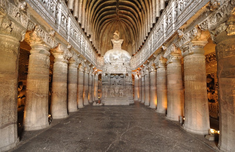 This is a view of Cave 26, which is a Buddhist "Chaitya Griha" or prayer hall.