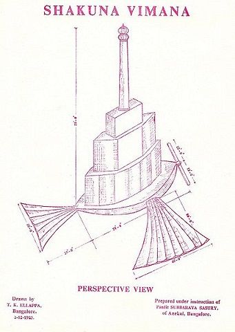 An illustration of the Shakuna Vimana that is supposed to fly like a bird with hinged wings and tail.[