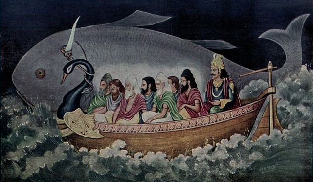 The fish avatara of Vishnu saves Manu during the great deluge
