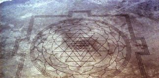 Aerial view of Sri Yantra carved on dry lake bed in Oregon