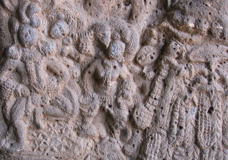 A relief shows a woman playing Tabla at Bhaja caves
