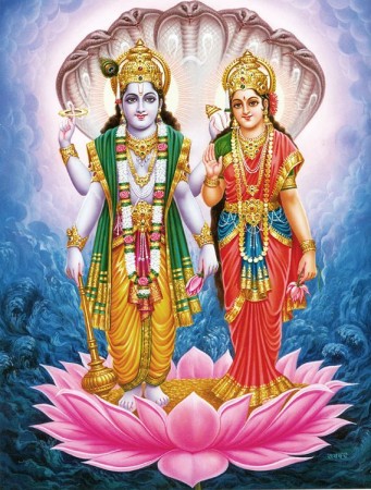 Vishnu and Lakshmi Standing on a Lotus Protected by Sheshnag