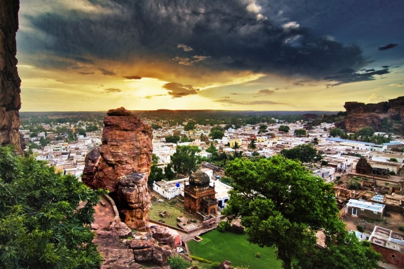 View of the Badami town from the top of the red sandstone outcrop which houses the four famous caves.