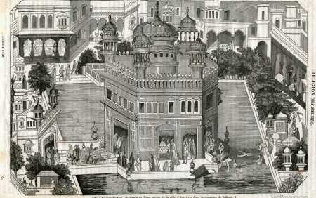 Woodcut engraving, One of the earliest European depictions of the Darbar Sahib complex. The image does not show the lost palace.