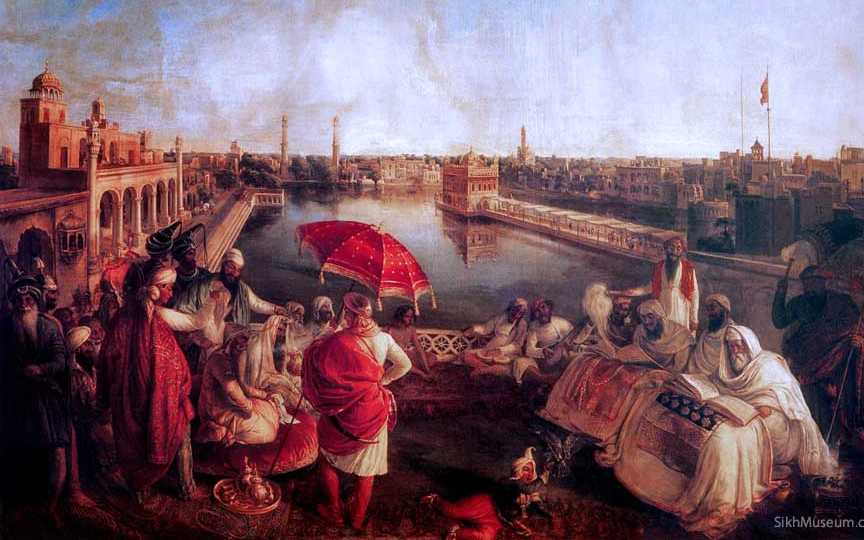Maharaja Ranjit Singh listening to the Granth being recited near the Golden Temple, Amritsar. The lost palace dominates the background appearing on the left side of the painting.