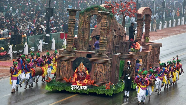 Jharkhand tableau on display during the 66th Republic Day parade at Rajpath in New Delhi showcasing the temples of the village Maluti