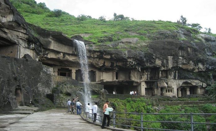 Ellora Caves with waterfall