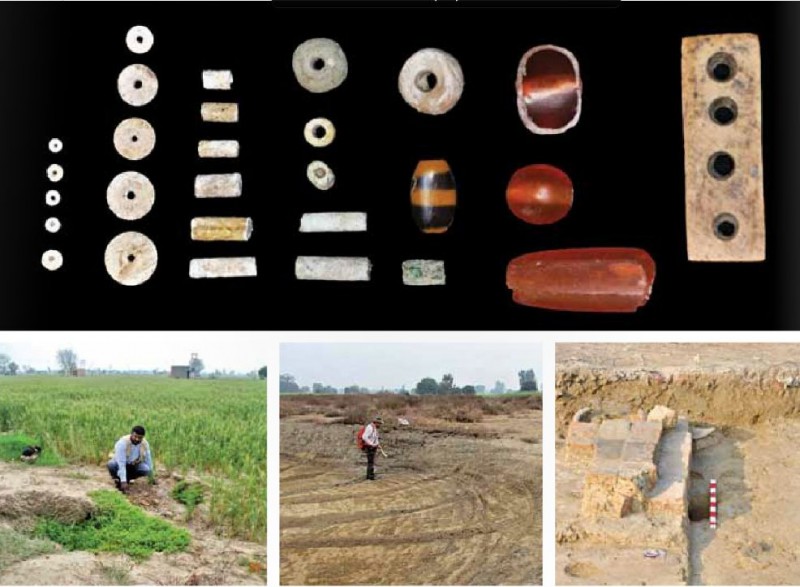 Ornaments made by steatite fience ivory bone and carnelian (below) At the excavation site and an excavated bathroom - Rakhigarhi harappa