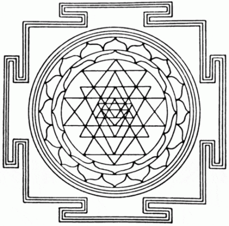 The Sri Yantra in diagrammatic form, showing how its nine interlocking triangles form a total of 43 smaller triangles.