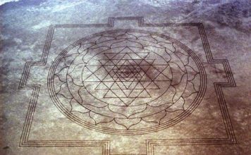 Aerial view of Sri Yantra carved on dry lake bed in Oregon