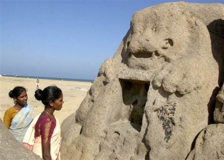 Lion statue that appeared after the December 26, 2004 tsunami on the beach of Mahabalipuram